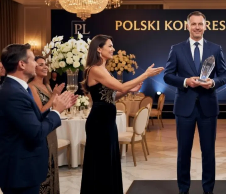 Przedstawiciel agencji odbierający nagrodę na scenie podczas uroczystej gali