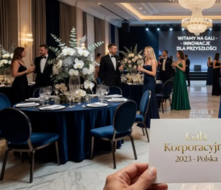 Elegancka sala wydarzeń z nastrojowym oświetleniem i przygotowanymi stołami