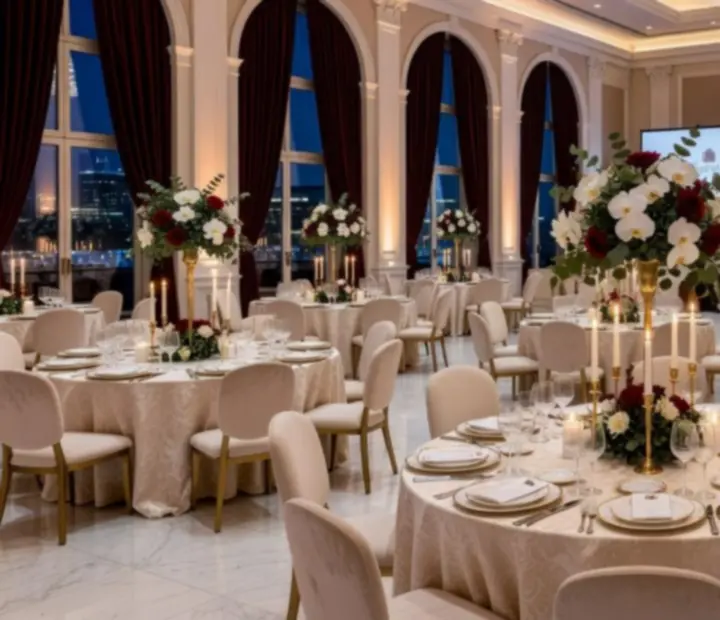 Elegancka sala eventowa przygotowana na wieczorne wydarzenie biznesowe