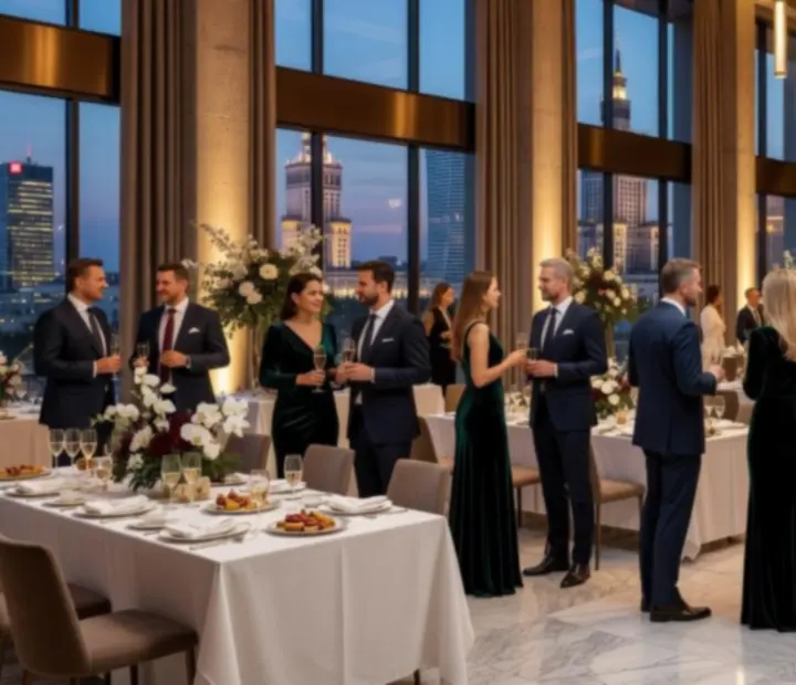 Ekskluzywna gala korporacyjna z oświetloną sceną i elegancką publicznością