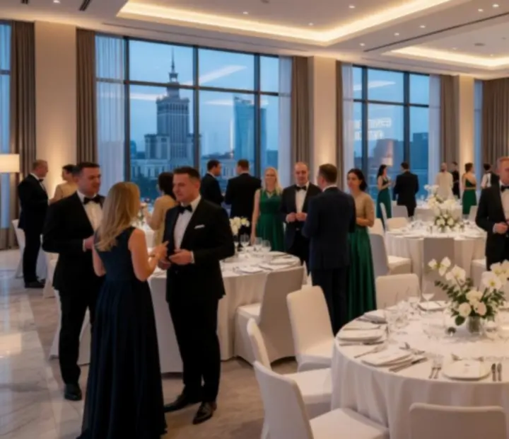 Elegancka gala z oświetloną sceną i gośćmi przy okrągłych stołach.