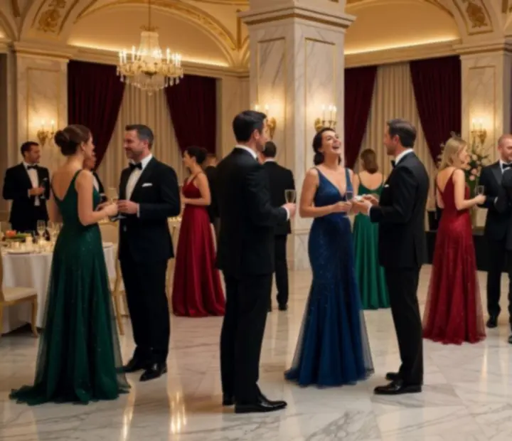 Gala biznesowa z oświetloną sceną i gośćmi przy elegancko nakrytych stołach