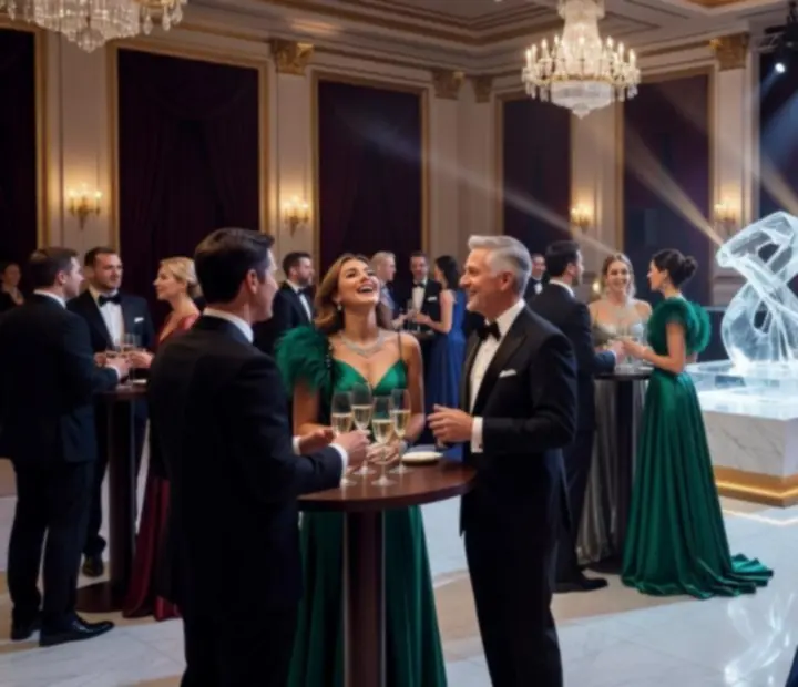 Elegancki wieczór tematyczny z gośćmi przy stołach i sceną oświetloną światłami